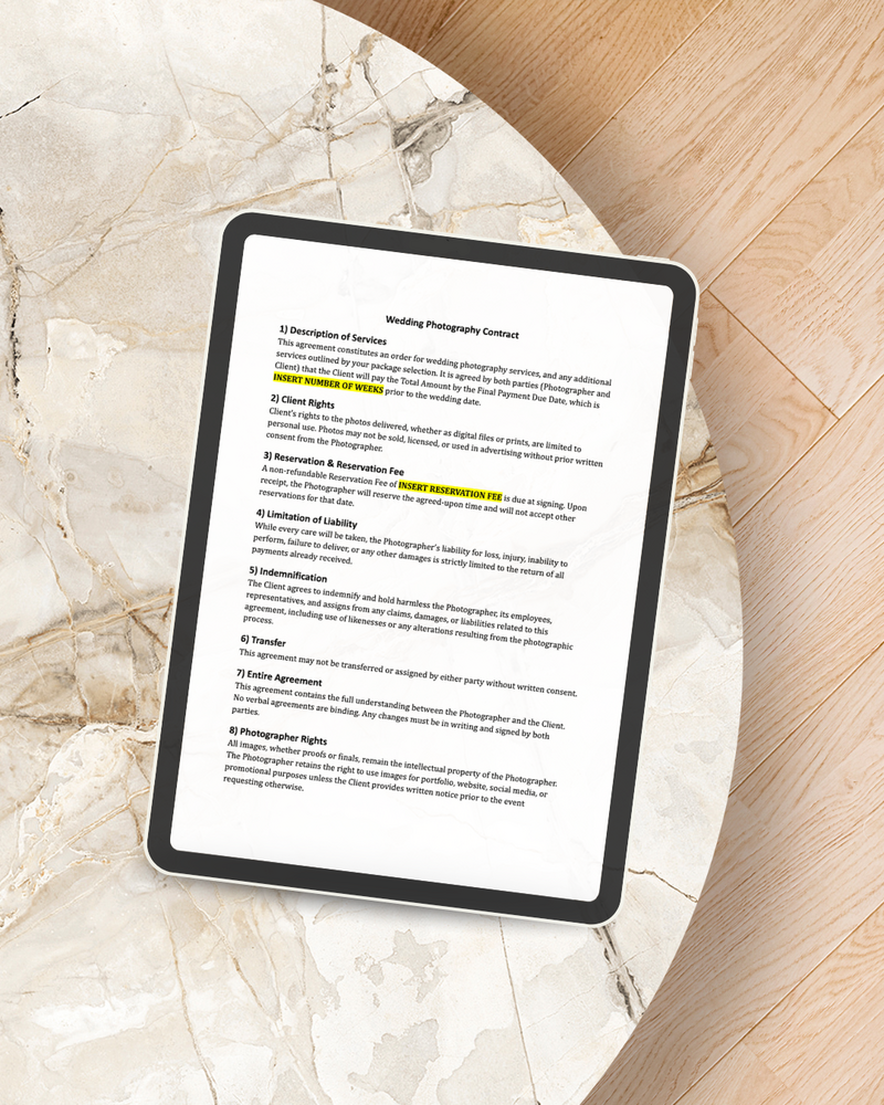 Wedding photography contract
