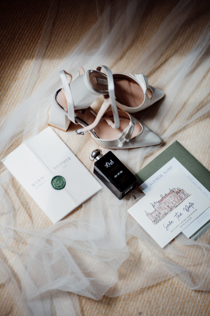 flat lay of bridal details